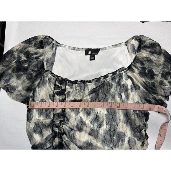 AB Studio Sheer Black Lace Ruched Top Size L Romantic Ruffle Mesh Overlay Goth - Picture 4 of 5